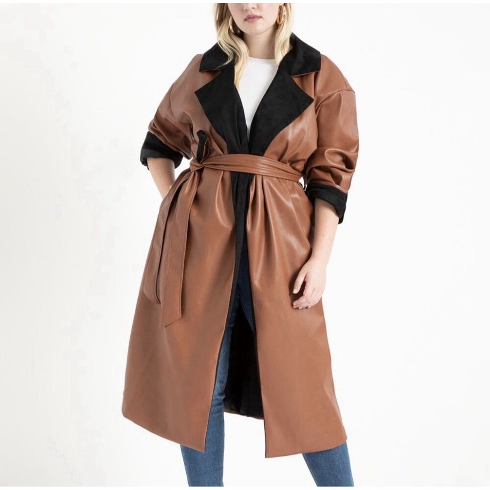 Eloquii Colorblocked Faux Leather Coat Brown And Black Trench Size 18/20‎